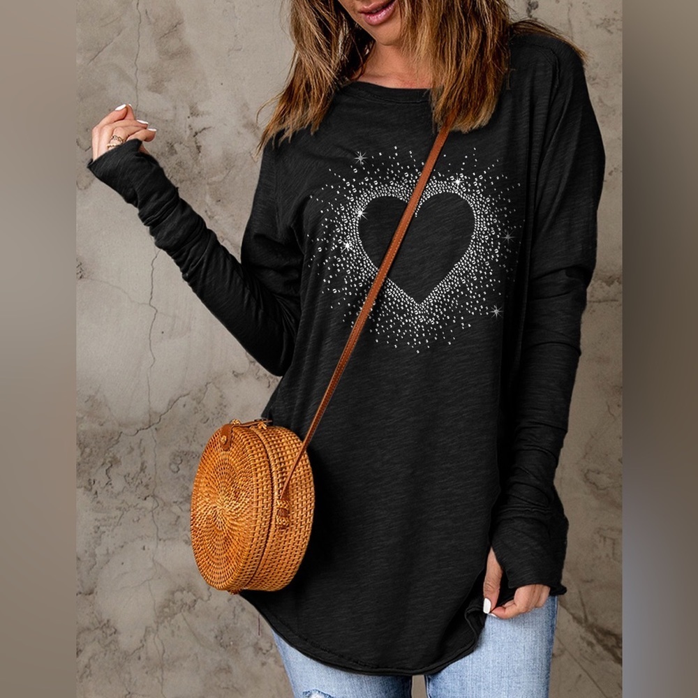 NEW Black Rhinestone Heart Shape Print Long Sleeve Top - Picture 7 of 8